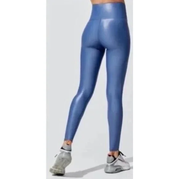 Carbon38 High Rise Full-Length Shine Glossy Blue High-Waist Activewear Leggings - Picture 9 of 16